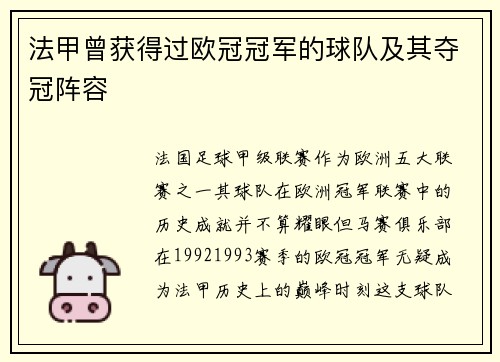 法甲曾获得过欧冠冠军的球队及其夺冠阵容